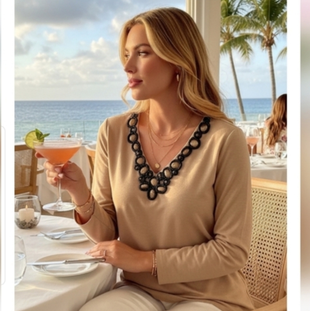 Resortwear Metal and Beaded Gold Tunic Top